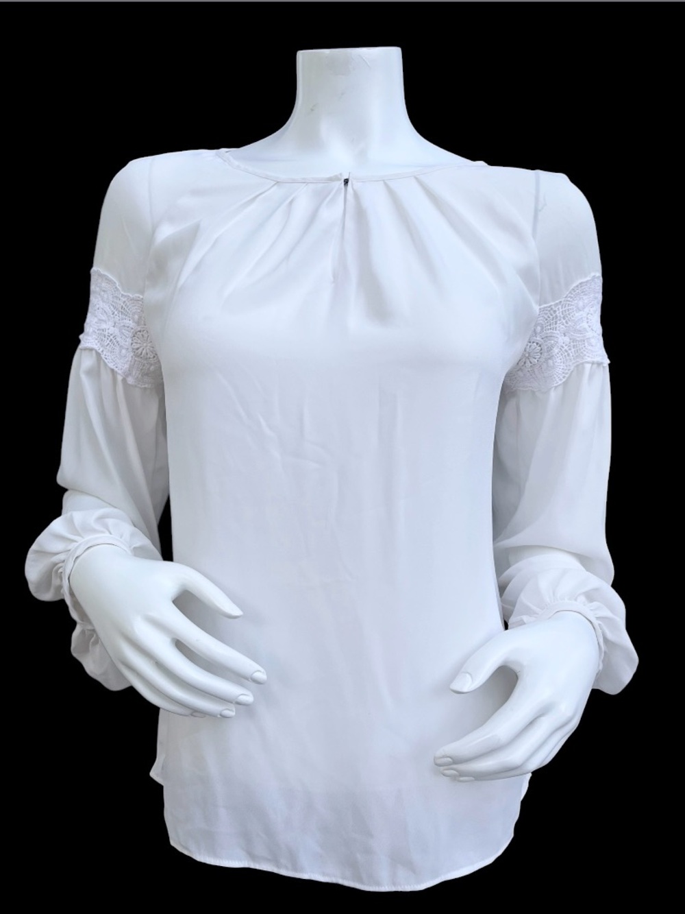 Worthington Sheer White Bishop Sleeve Top w/ Lace Detail And Keyhole Neckline S